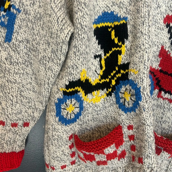 XXL cowichan handcrafted wool sweater with a “transportation” theme- incredible - Picture 3 of 15